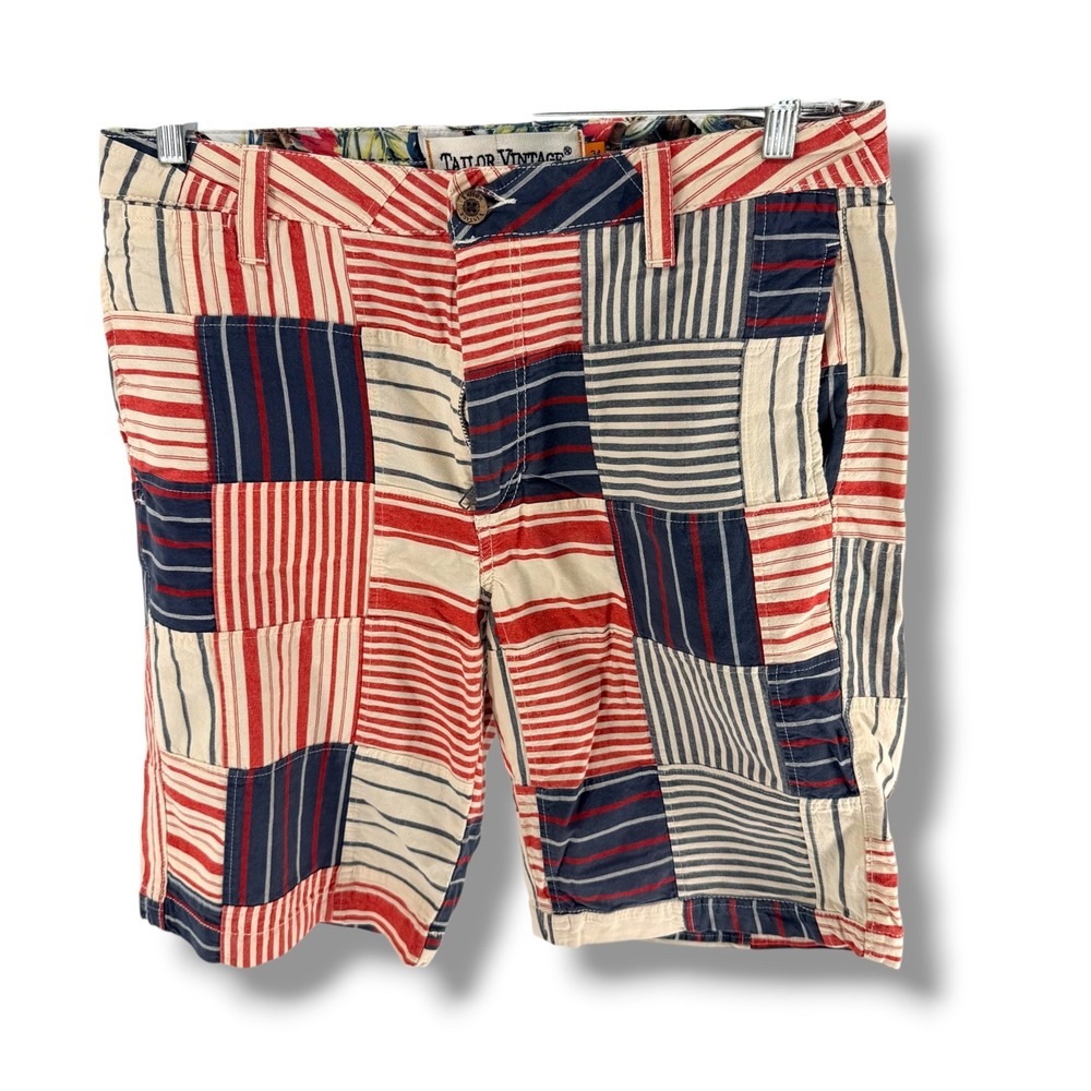 Tailor Vintage Mens 34 Shorts Authentic Indian Madras Patchwork Striped Red Blue